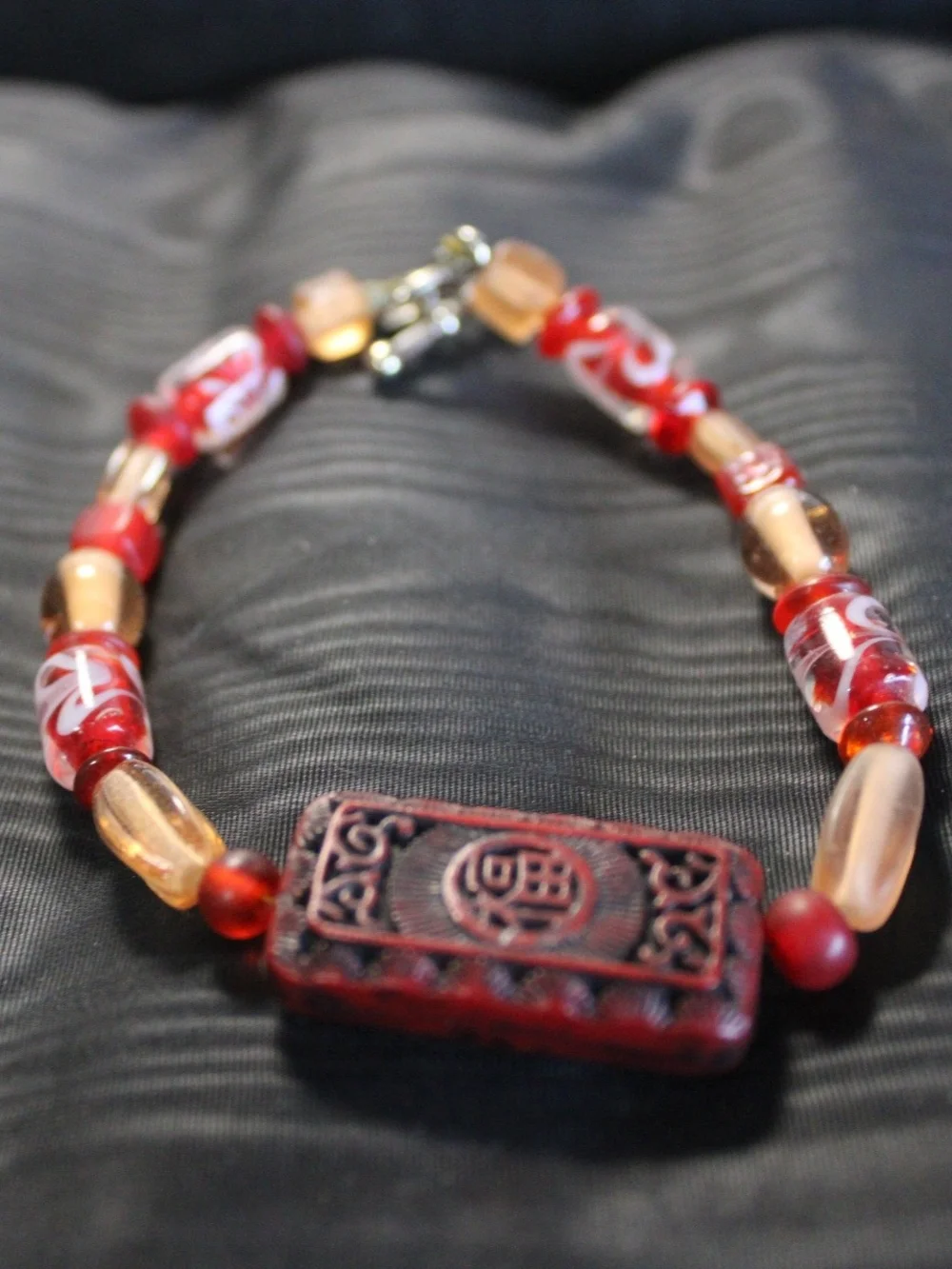 Vintage Red Chinese-Inspired Beaded Bracelets 2 Piece Set Glass & Carved Beads
